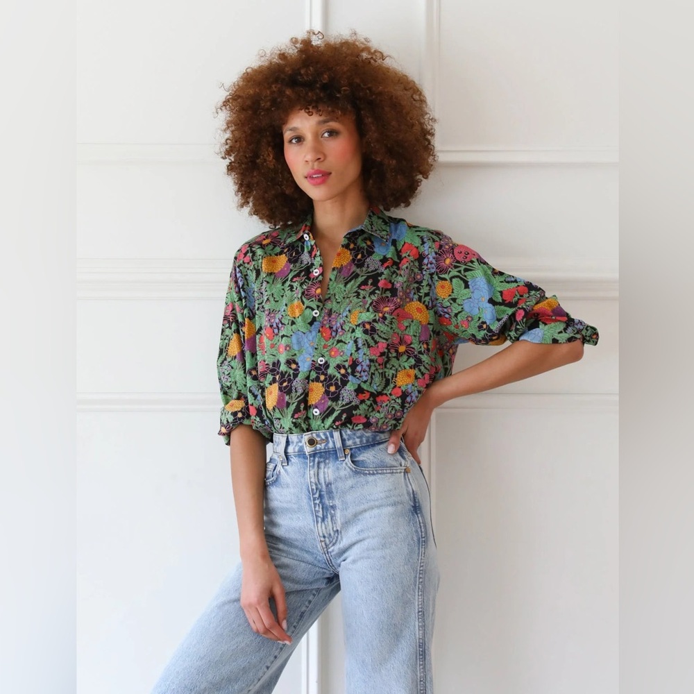 MILLE Sofia Button Down Top XS Botanical Floral Cotton Oversized Blouse